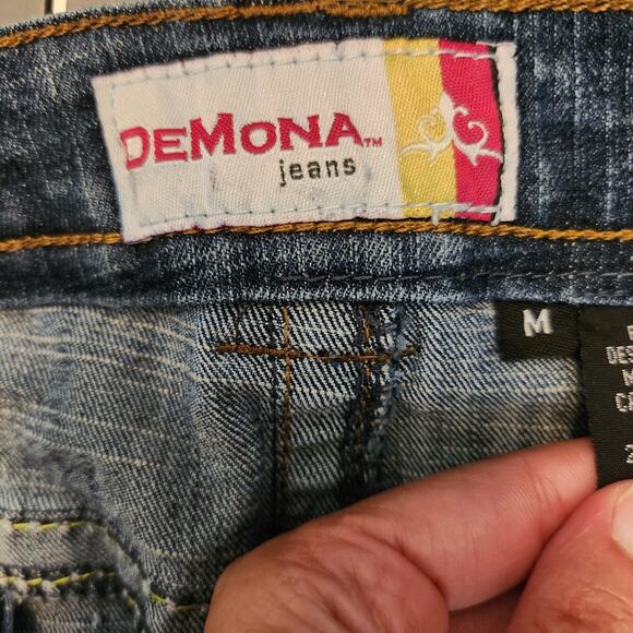 Y2K Denim Skirt Sz Medium Juniors Micro Mini Jean Rainbow Stitch Low Rise Blue - Picture 10 of 12